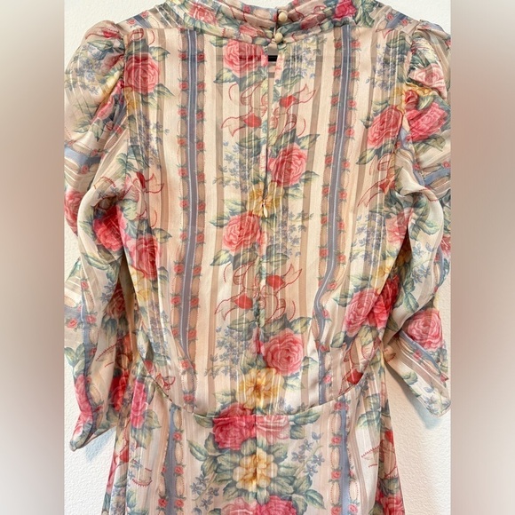 Anna Sui Whisper Rose Floral Striped Asymmetrical Puff Sleeves Cream Dress 6 - Picture 11 of 16